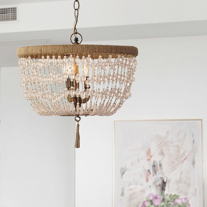 Dome Chandelier Light Rustic Crystal 3 Heads Clear Hanging Lamp Kit with Rope Ring for Bedroom Clearhalo 'Ceiling Lights' 'Chandeliers' Lighting' options 341979