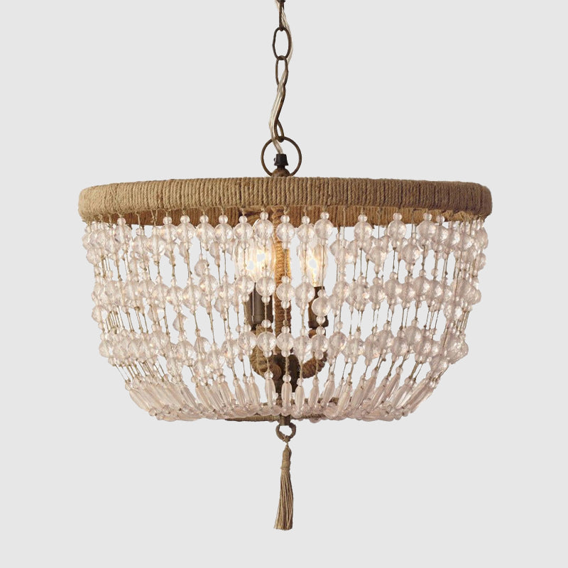 Dome Chandelier Light Rustic Crystal 3 Heads Clear Hanging Lamp Kit with Rope Ring for Bedroom Clearhalo 'Ceiling Lights' 'Chandeliers' Lighting' options 341980