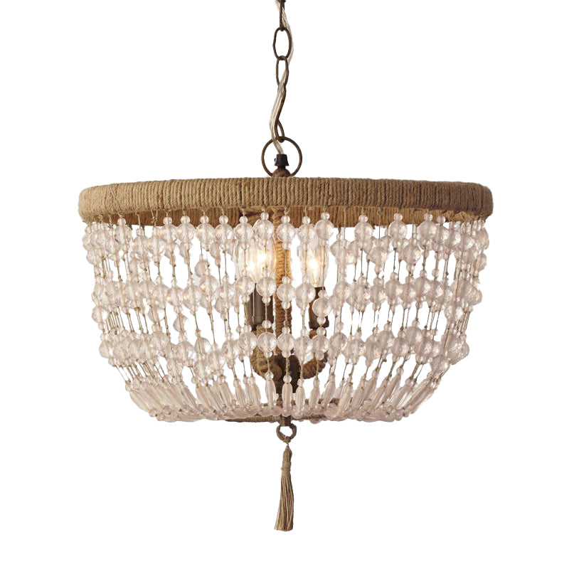 Dome Chandelier Light Rustic Crystal 3 Heads Clear Hanging Lamp Kit with Rope Ring for Bedroom Clearhalo 'Ceiling Lights' 'Chandeliers' Lighting' options 341981