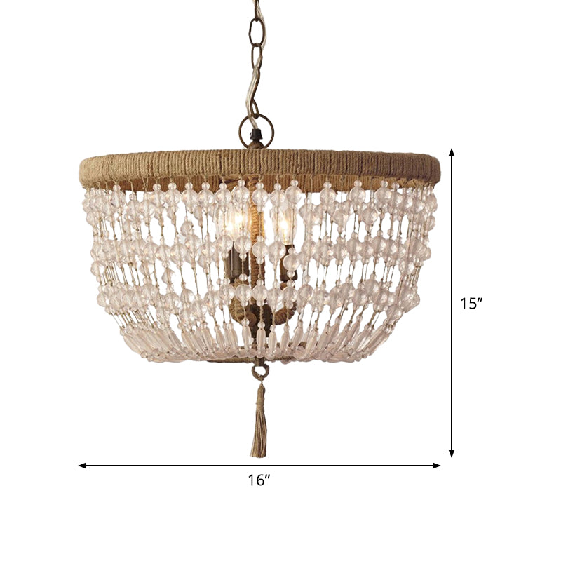 Dome Chandelier Light Rustic Crystal 3 Heads Clear Hanging Lamp Kit with Rope Ring for Bedroom Clearhalo 'Ceiling Lights' 'Chandeliers' Lighting' options 341982