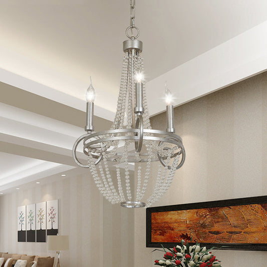 Crystal Candle Chandelier Lamp Retro 3 Heads Silver Ceiling Pendant Light for Living Room Clearhalo 'Ceiling Lights' 'Chandeliers' Lighting' options 342003