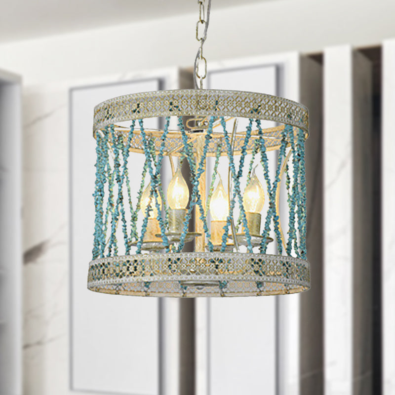 Stone Cylinder Chandelier Lamp Retro 4/6 Bulbs Blue Pendant Lighting Fixture with Adjustable Chain 4 Blue Clearhalo 'Ceiling Lights' 'Chandeliers' Lighting' options 342038_18f7d20d-8886-492a-968f-cc53d3e35f6f