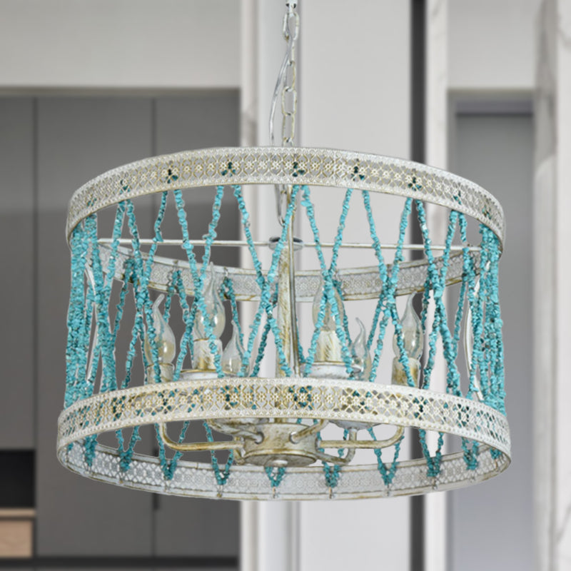 Stone Cylinder Chandelier Lamp Retro 4/6 Bulbs Blue Pendant Lighting Fixture with Adjustable Chain 6 Blue Clearhalo 'Ceiling Lights' 'Chandeliers' Lighting' options 342043_e0d3f3cf-94fe-486b-a5ae-b10c77778c3b