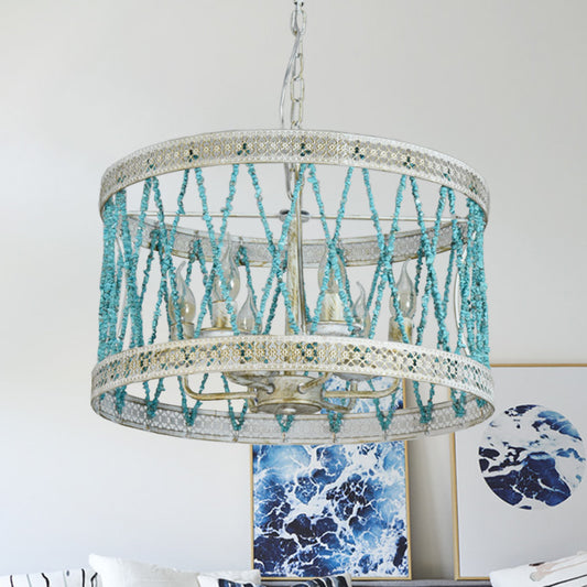 Stone Cylinder Chandelier Lamp Retro 4/6 Bulbs Blue Pendant Lighting Fixture with Adjustable Chain Clearhalo 'Ceiling Lights' 'Chandeliers' Lighting' options 342044