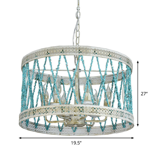 Stone Cylinder Chandelier Lamp Retro 4/6 Bulbs Blue Pendant Lighting Fixture with Adjustable Chain Clearhalo 'Ceiling Lights' 'Chandeliers' Lighting' options 342047