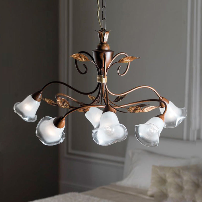 6 Heads Bedroom Hanging Chandelier Contemporary Red Brown Ceiling Pendant Light with Flower Frosted Glass Shade Red Brown Clearhalo 'Ceiling Lights' 'Chandeliers' 'Close To Ceiling Lights' 'Glass shade' 'Glass' Lighting' 342089