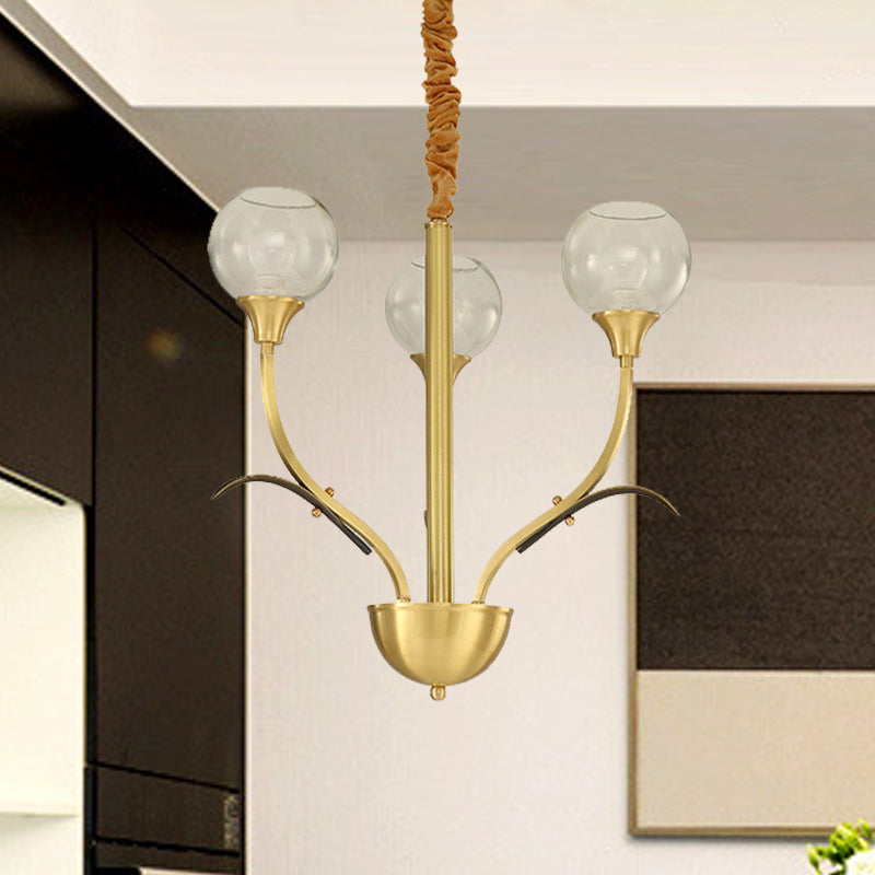 Brass Ball Ceiling Chandelier Nordic Clear Glass 3/6 Heads Hanging Light Fixture for Living Room 3 Brass Clearhalo 'Ceiling Lights' 'Chandeliers' 'Close To Ceiling Lights' 'Glass shade' 'Glass' Lighting' 342094