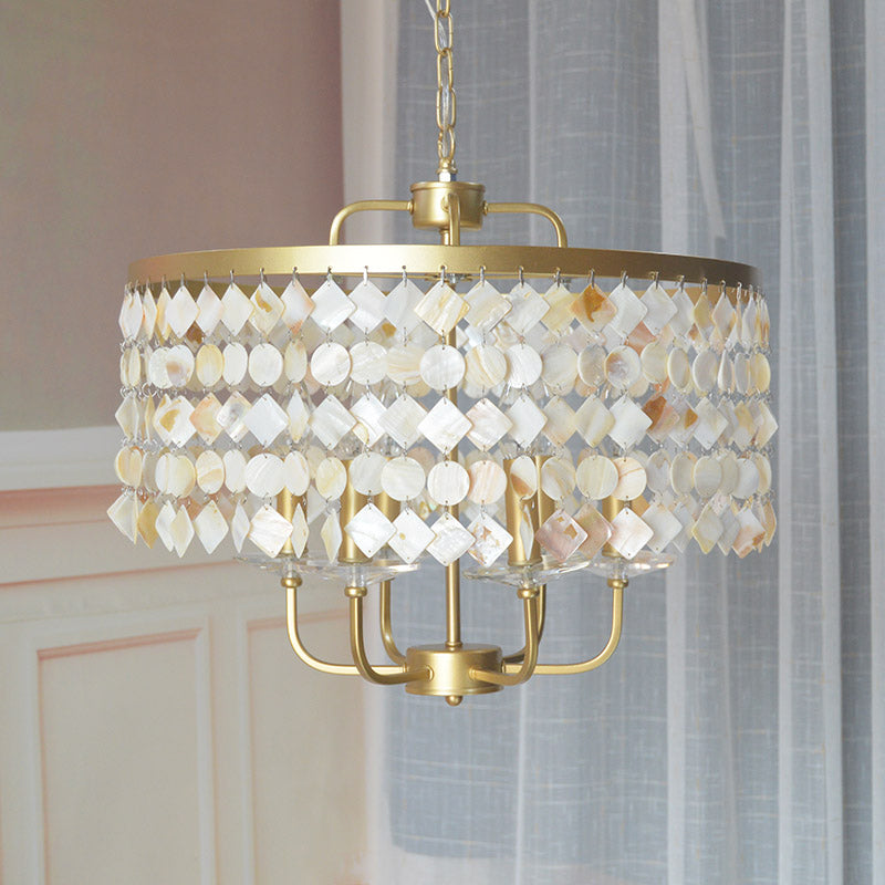 4/6 Bulbs Drum Ceiling Chandelier Traditional Shell Suspended Lighting Fixture in Brass Clearhalo 'Ceiling Lights' 'Chandeliers' Lighting' options 342104