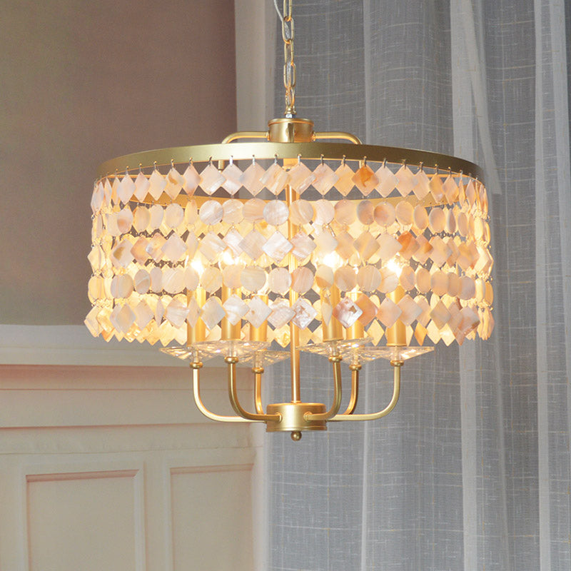 4/6 Bulbs Drum Ceiling Chandelier Traditional Shell Suspended Lighting Fixture in Brass Clearhalo 'Ceiling Lights' 'Chandeliers' Lighting' options 342105