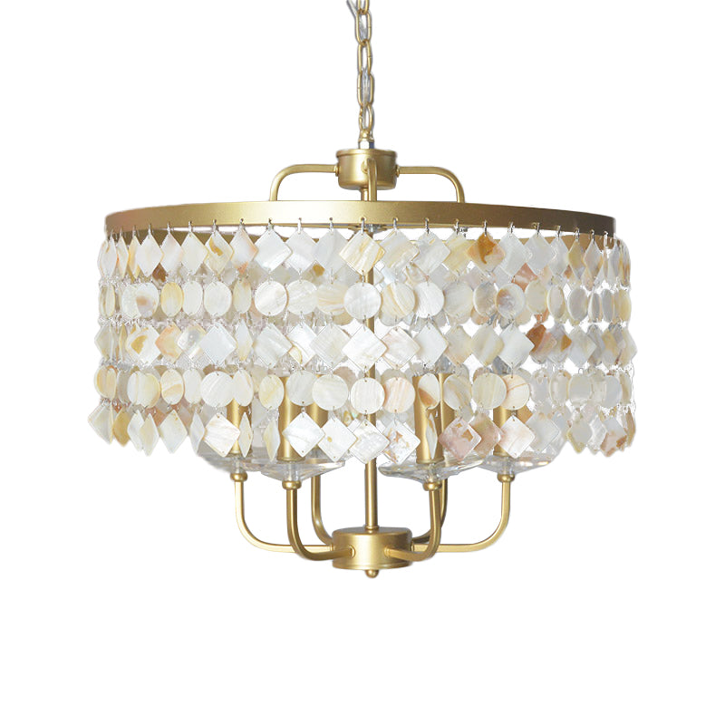 4/6 Bulbs Drum Ceiling Chandelier Traditional Shell Suspended Lighting Fixture in Brass Clearhalo 'Ceiling Lights' 'Chandeliers' Lighting' options 342107