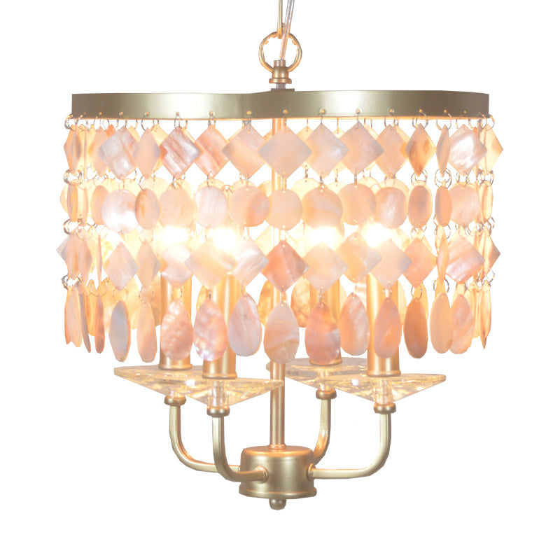 4/6 Bulbs Drum Ceiling Chandelier Traditional Shell Suspended Lighting Fixture in Brass Clearhalo 'Ceiling Lights' 'Chandeliers' Lighting' options 342111
