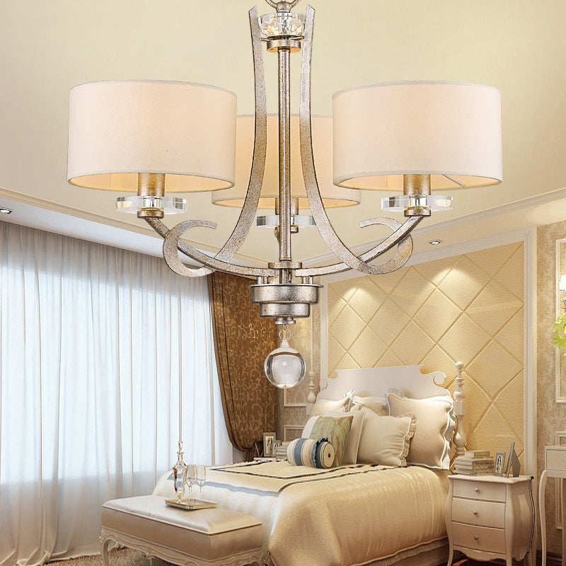 3 Light Pendant Light Classic Drum Fabric Hanging Chandelier in White for Bedroom with Crystal Clearhalo 'Ceiling Lights' 'Chandeliers' Lighting' options 342119
