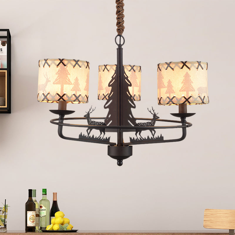 Beige Drum Chandelier Lamp Traditional Fabric 3 Lights Bedroom Hanging Light with Animal Design Beige Clearhalo 'Ceiling Lights' 'Chandeliers' Lighting' options 342149_9e8c3b84-9cc3-4d6b-81d0-cd9866bda5bb