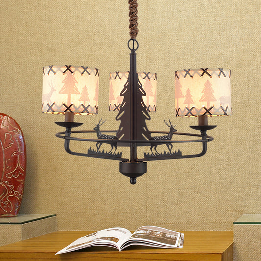 Beige Drum Chandelier Lamp Traditional Fabric 3 Lights Bedroom Hanging Light with Animal Design Clearhalo 'Ceiling Lights' 'Chandeliers' Lighting' options 342150