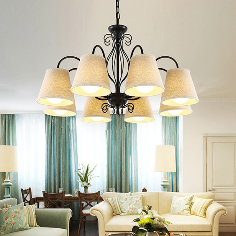 3/6/8 Bulbs Ceiling Lamp with Cone Fabric Shade Classic Living Room Chandelier Pendant Light in Black/White 8 Black Clearhalo 'Ceiling Lights' 'Chandeliers' Lighting' options 342228_c41ea75f-c3b6-4f1c-819a-135207708a36