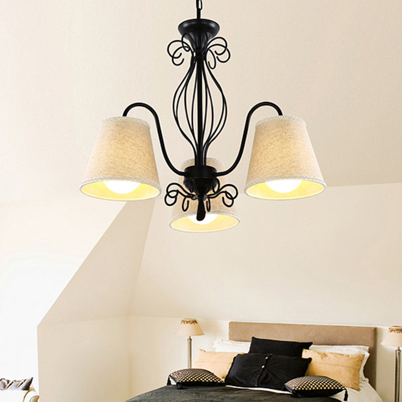 3/6/8 Bulbs Ceiling Lamp with Cone Fabric Shade Classic Living Room Chandelier Pendant Light in Black/White 3 Black Clearhalo 'Ceiling Lights' 'Chandeliers' Lighting' options 342238_cc3d56dd-b730-4261-8def-ffbcf17b31fa