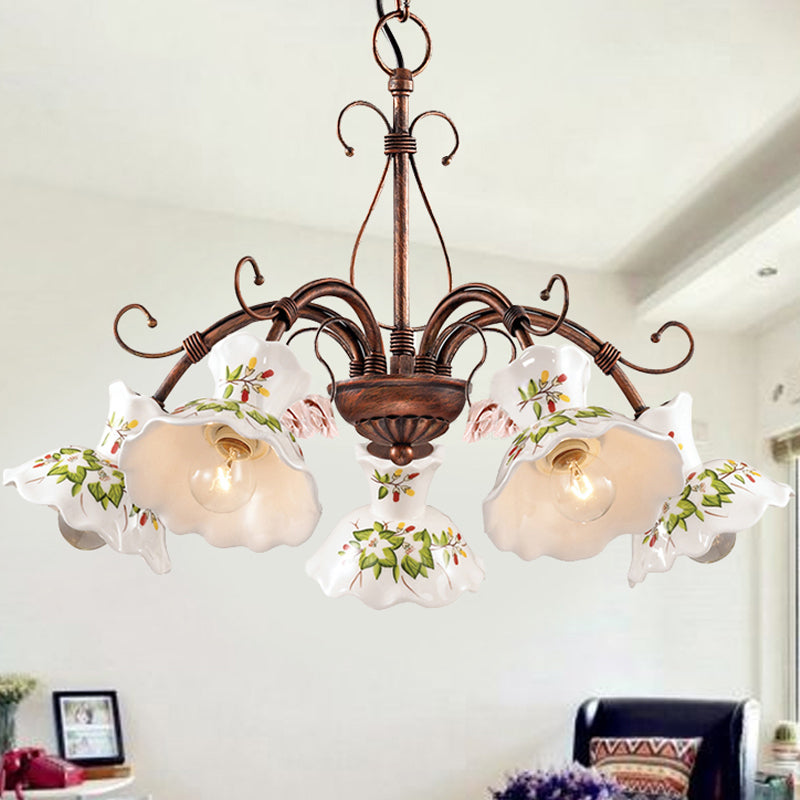Spur Pendant Chandelier Traditional Frosted Glass 3/5 Bulbs Rust Hanging Ceiling Light with Flower Disk Shade 5 Rust Clearhalo 'Ceiling Lights' 'Chandeliers' 'Glass shade' 'Glass' 'Pendant Lights' Lighting' 342257