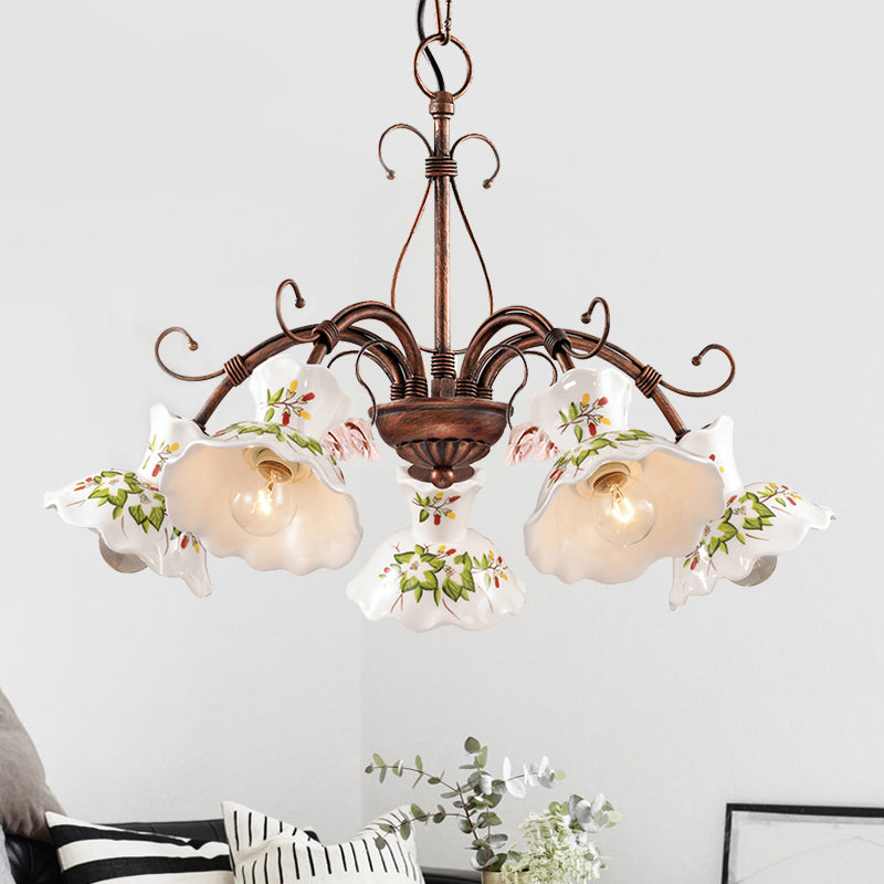 Spur Pendant Chandelier Traditional Frosted Glass 3/5 Bulbs Rust Hanging Ceiling Light with Flower Disk Shade Clearhalo 'Ceiling Lights' 'Chandeliers' 'Glass shade' 'Glass' 'Pendant Lights' Lighting' 342258