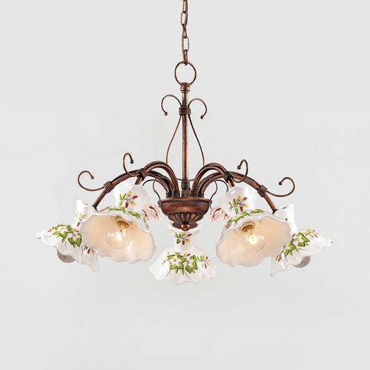 Spur Pendant Chandelier Traditional Frosted Glass 3/5 Bulbs Rust Hanging Ceiling Light with Flower Disk Shade Clearhalo 'Ceiling Lights' 'Chandeliers' 'Glass shade' 'Glass' 'Pendant Lights' Lighting' 342259