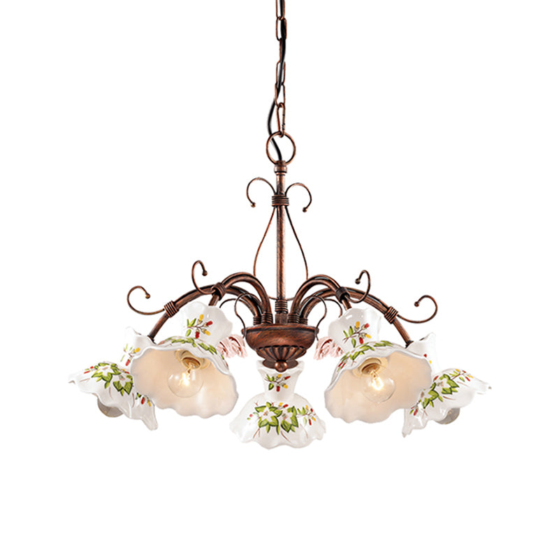 Spur Pendant Chandelier Traditional Frosted Glass 3/5 Bulbs Rust Hanging Ceiling Light with Flower Disk Shade Clearhalo 'Ceiling Lights' 'Chandeliers' 'Glass shade' 'Glass' 'Pendant Lights' Lighting' 342260