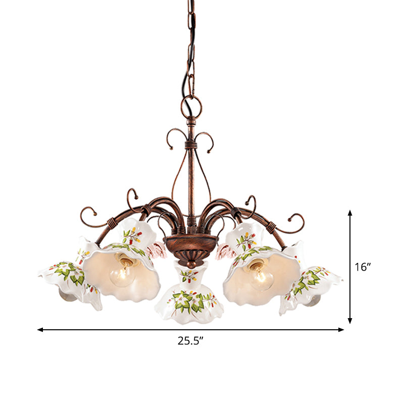 Spur Pendant Chandelier Traditional Frosted Glass 3/5 Bulbs Rust Hanging Ceiling Light with Flower Disk Shade Clearhalo 'Ceiling Lights' 'Chandeliers' 'Glass shade' 'Glass' 'Pendant Lights' Lighting' 342261