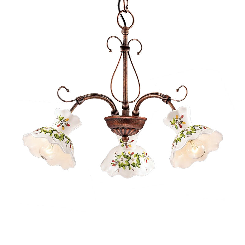 Spur Pendant Chandelier Traditional Frosted Glass 3/5 Bulbs Rust Hanging Ceiling Light with Flower Disk Shade 3 Rust Clearhalo 'Ceiling Lights' 'Chandeliers' 'Glass shade' 'Glass' 'Pendant Lights' Lighting' 342262