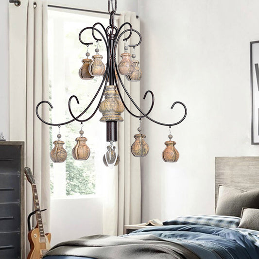 Gourd Bedroom Hanging Lamp Traditional Wood Single Bulb Black Chandelier Pendant Light Clearhalo 'Ceiling Lights' 'Chandeliers' Lighting' options 342295