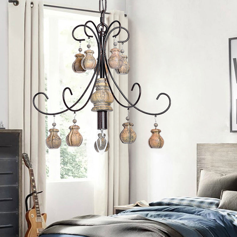 Gourd Bedroom Hanging Lamp Traditional Wood Single Bulb Black Chandelier Pendant Light Black Clearhalo 'Ceiling Lights' 'Chandeliers' Lighting' options 342295_7e41015f-b144-4c10-b11e-452e7960969b