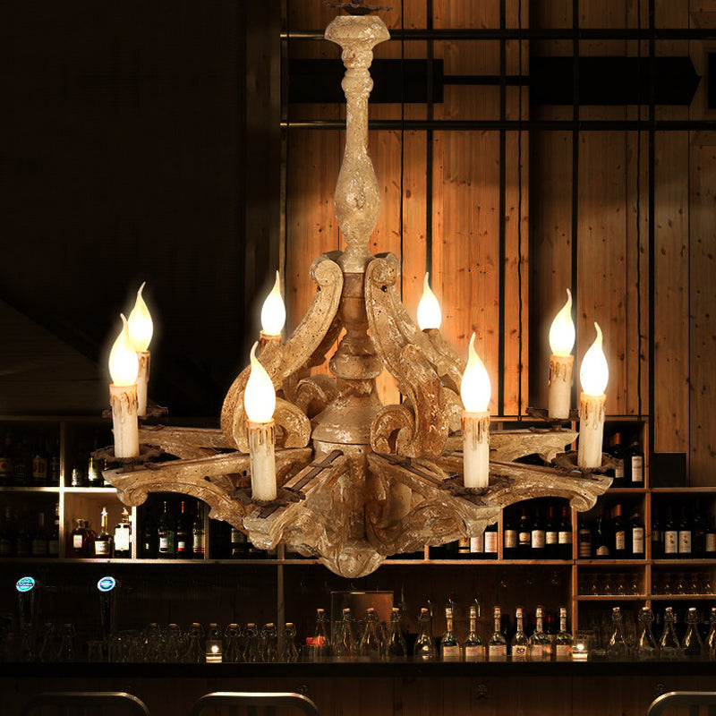 Wooden Candle Chandelier Lamp Rustic 8-Head Restaurant Pendant Ceiling Light in Distressed White Clearhalo 'Ceiling Lights' 'Chandeliers' Lighting' options 342305