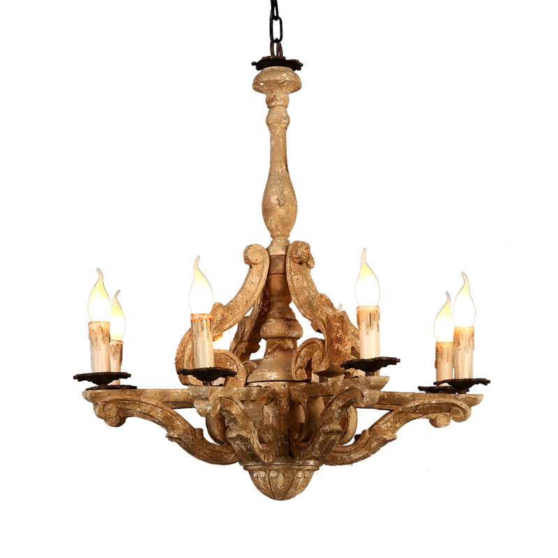 Wooden Candle Chandelier Lamp Rustic 8-Head Restaurant Pendant Ceiling Light in Distressed White Clearhalo 'Ceiling Lights' 'Chandeliers' Lighting' options 342307