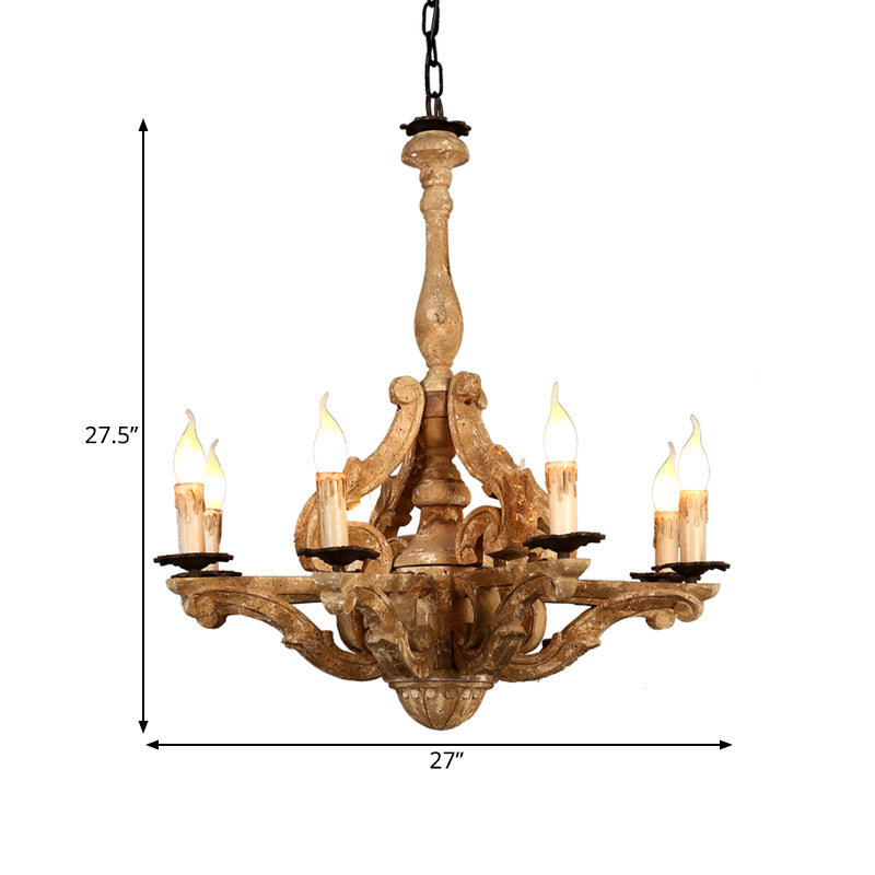 Wooden Candle Chandelier Lamp Rustic 8-Head Restaurant Pendant Ceiling Light in Distressed White Clearhalo 'Ceiling Lights' 'Chandeliers' Lighting' options 342309