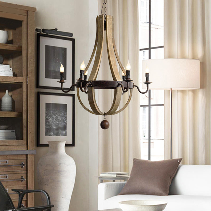 5/6 Lights Chandelier Lighting Fixture Rustic Wine Barrel Wood Hanging Light in Brown for Bedroom 6 Brown Clearhalo 'Ceiling Lights' 'Chandeliers' Lighting' options 342315_ad26509e-3598-41e1-bbd9-b42ac250b8e7