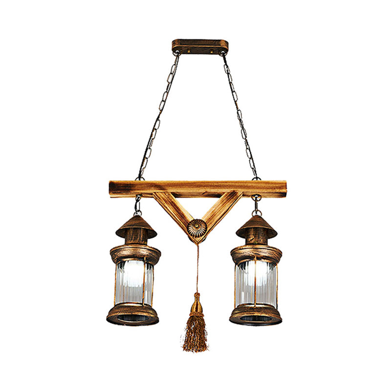 2 Lights Wooden Chandelier Lamp Farmhouse Antique Brass Lantern Porch Down Lighting Pendant Clearhalo 'Ceiling Lights' 'Chandeliers' 'Glass shade' 'Glass' Lighting' 342321
