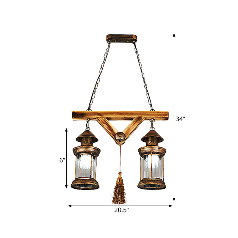 2 Lights Wooden Chandelier Lamp Farmhouse Antique Brass Lantern Porch Down Lighting Pendant Clearhalo 'Ceiling Lights' 'Chandeliers' 'Glass shade' 'Glass' Lighting' 342322