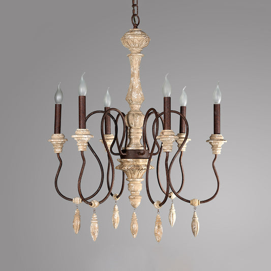 Traditional Candelabra Hanging Pendant 6 Lights Wooden Ceiling Chandelier in Ivory for Living Room Clearhalo 'Ceiling Lights' 'Chandeliers' Lighting' options 342326