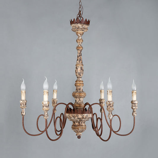 Candle Wooden Pendant Lighting Traditional 6-Bulb Living Room Chandelier Light with Swirling Arm in Rust Clearhalo 'Ceiling Lights' 'Chandeliers' Lighting' options 342331