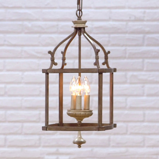 Traditional Wooden Birdcage Hanging Lamp 3 Bulbs Metal Chandelier Light Fixture in Rust for Living Room Clearhalo 'Ceiling Lights' 'Chandeliers' Lighting' options 342338