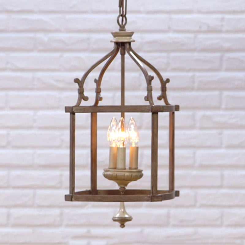 Traditional Wooden Birdcage Hanging Lamp 3 Bulbs Metal Chandelier Light Fixture in Rust for Living Room Rust Clearhalo 'Ceiling Lights' 'Chandeliers' Lighting' options 342338_dab2c766-cac4-4ab0-b2bb-585645050817