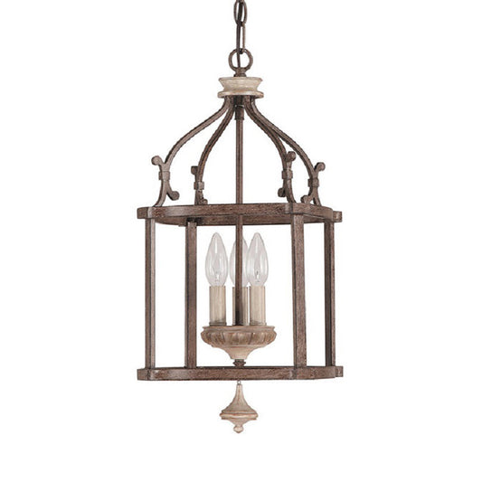 Traditional Wooden Birdcage Hanging Lamp 3 Bulbs Metal Chandelier Light Fixture in Rust for Living Room Clearhalo 'Ceiling Lights' 'Chandeliers' Lighting' options 342341