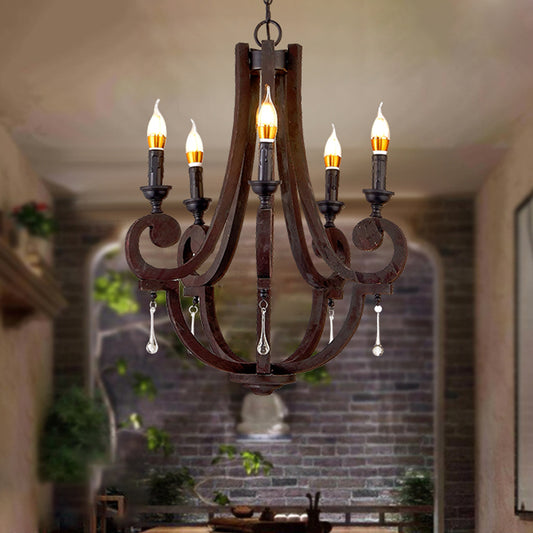 Brown Candle Pendant Chandelier Rural Wooden 5 Heads Restaurant Hanging Ceiling Light Clearhalo 'Ceiling Lights' 'Chandeliers' Lighting' options 342343