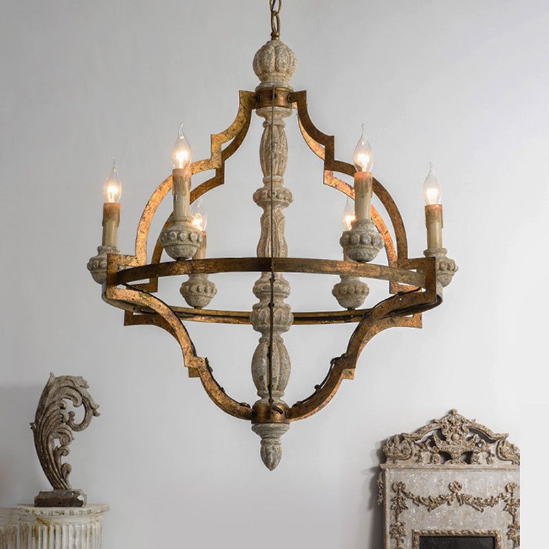 Vintage Candle Shape Hanging Pendant 6 Lights Wood Ceiling Chandelier in Antique Brass for Dining Room Clearhalo 'Ceiling Lights' 'Chandeliers' Lighting' options 342353