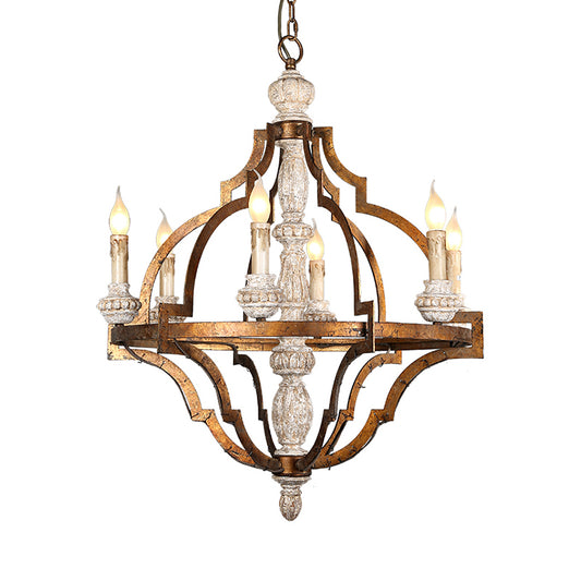 Vintage Candle Shape Hanging Pendant 6 Lights Wood Ceiling Chandelier in Antique Brass for Dining Room Clearhalo 'Ceiling Lights' 'Chandeliers' Lighting' options 342356