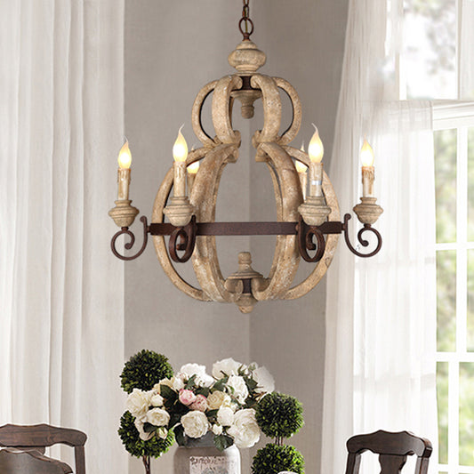 6-Light Chandelier Light Antique Living Room Suspension Pendant with Candle Wood in Beige Clearhalo 'Ceiling Lights' 'Chandeliers' Lighting' options 342358