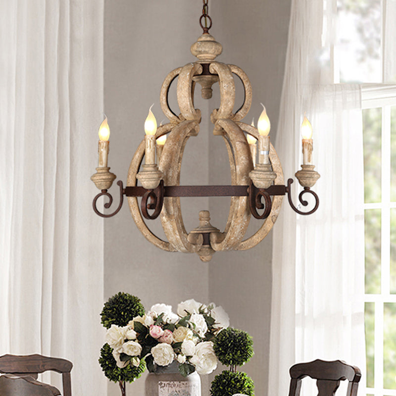 6-Light Chandelier Light Antique Living Room Suspension Pendant with Candle Wood in Beige Beige Clearhalo 'Ceiling Lights' 'Chandeliers' Lighting' options 342358_670858ec-1144-4977-9e44-ccb81a448b05