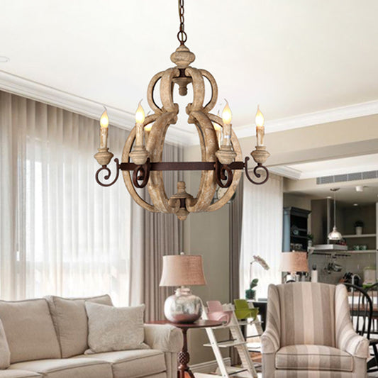 6-Light Chandelier Light Antique Living Room Suspension Pendant with Candle Wood in Beige Clearhalo 'Ceiling Lights' 'Chandeliers' Lighting' options 342360