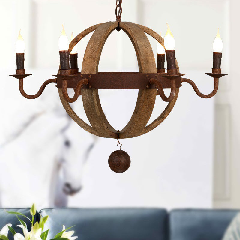 Globe Wooden Ceiling Light Traditional 6/8-Bulb Dining Room Pendant Chandelier in Brown 6 Brown Clearhalo 'Ceiling Lights' 'Chandeliers' Lighting' options 342363_e530f76c-02a3-40d9-9d87-227a6708d448