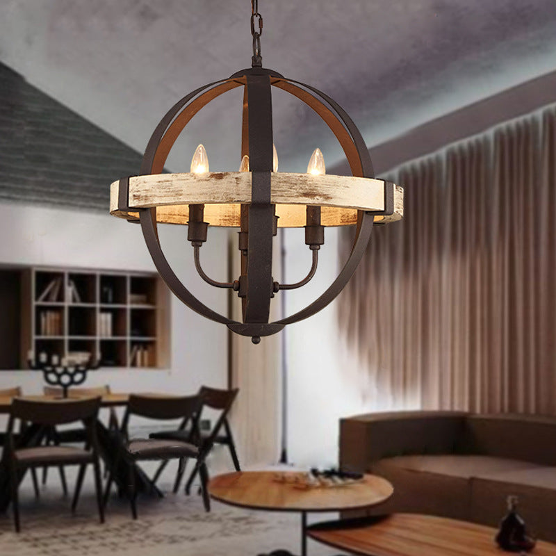 Wooden Global Chandelier Lamp Rural 4-Head Living Room Pendant Ceiling Light in Brown Clearhalo 'Ceiling Lights' 'Chandeliers' Lighting' options 342372