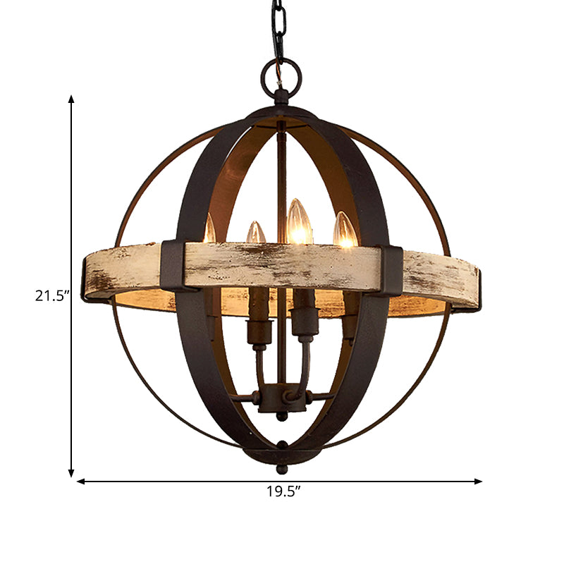 Wooden Global Chandelier Lamp Rural 4-Head Living Room Pendant Ceiling Light in Brown Clearhalo 'Ceiling Lights' 'Chandeliers' Lighting' options 342375