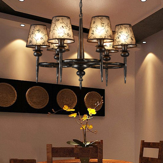 Traditional Cone Hanging Lamp 6 Bulbs Fabric Chandelier Light Fixture in Black for Restaurant Clearhalo 'Ceiling Lights' 'Chandeliers' Lighting' options 342378