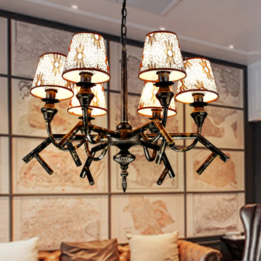 6 Lights Fabric Chandelier Lamp Traditional Brass Conical Restaurant Down Lighting Pendant Clearhalo 'Ceiling Lights' 'Chandeliers' Lighting' options 342381